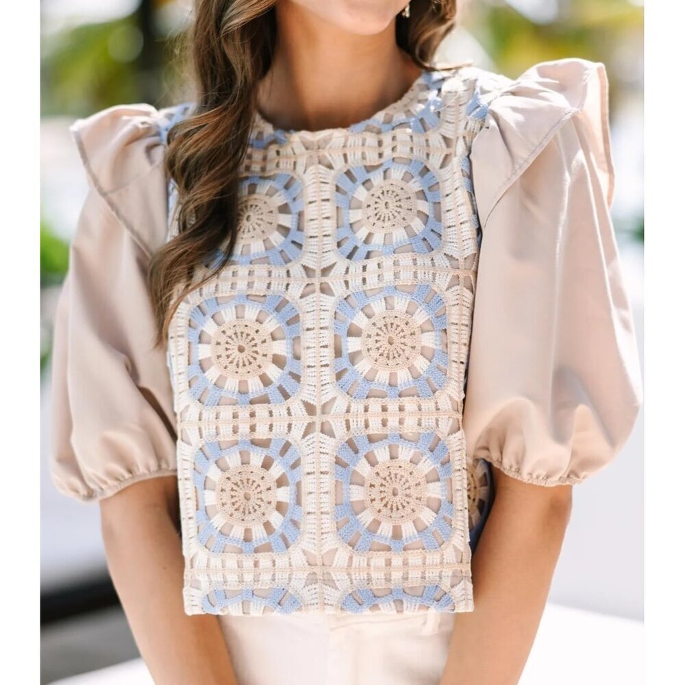 Women Crochet Crop Top Summer Floral Eyelet Ruffle Sleeve Casual Boho - Picture 3 of 5